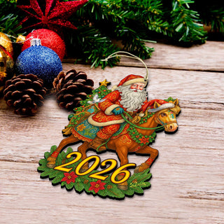 2026 Dated Santa on Horse Wooden Ornaments by G. Debrekht - Christmas Santa Snowman Decor - 8652841-D26
