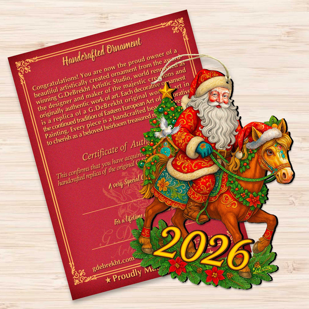 2026 Dated Santa on Horse Wooden Ornaments by G. Debrekht - Christmas Santa Snowman Decor - 8652841-D26