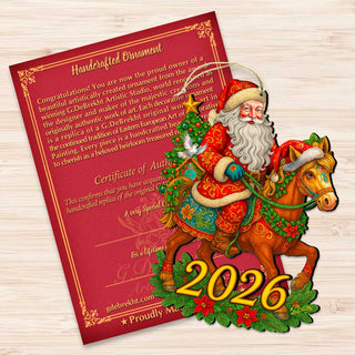 2026 Dated Santa on Horse Wooden Ornaments by G. Debrekht - Christmas Santa Snowman Decor - 8652841-D26