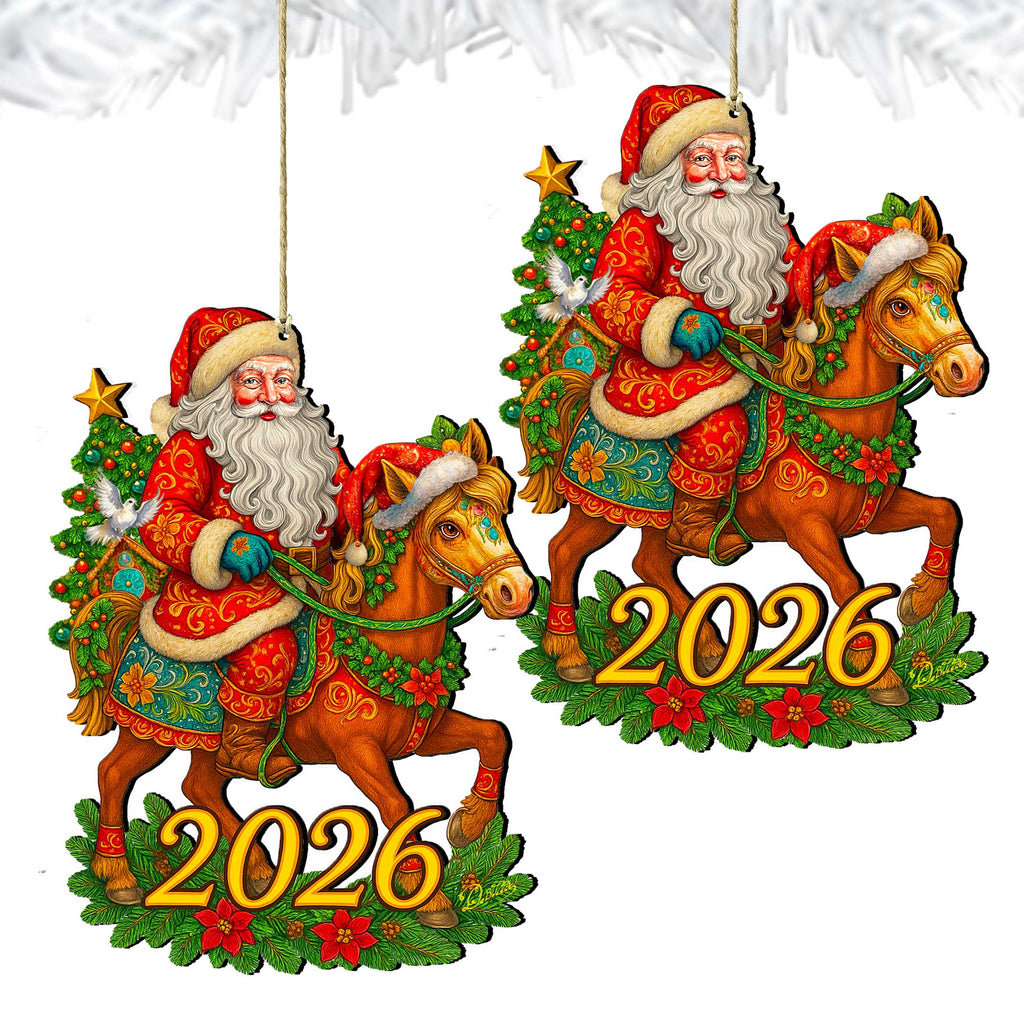 2026 Dated Santa on Horse Wooden Ornaments by G. Debrekht - Christmas Santa Snowman Decor - 8652841-D26