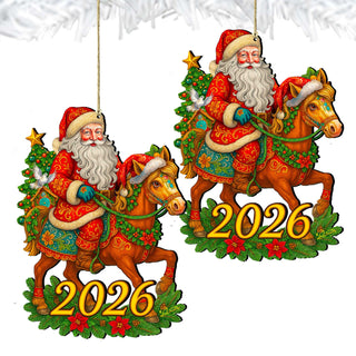 2026 Dated Santa on Horse Wooden Ornaments by G. Debrekht - Christmas Santa Snowman Decor - 8652841-D26