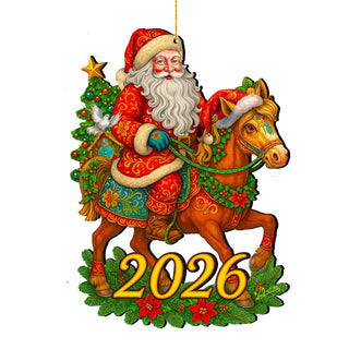 2026 Dated Santa on Horse Wooden Ornaments by G. Debrekht - Christmas Santa Snowman Decor - 8652841-D26