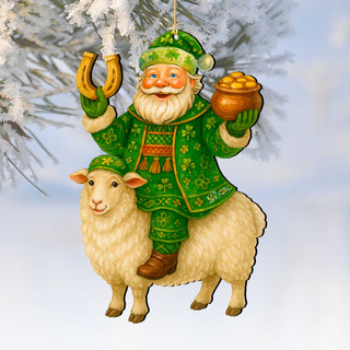 Wooden Irish Santa Ornament – Shamrock Santa on Sheep with Pot of Gold by G. DeBrekht - Christmas Santa Snowman Decor – 8652845