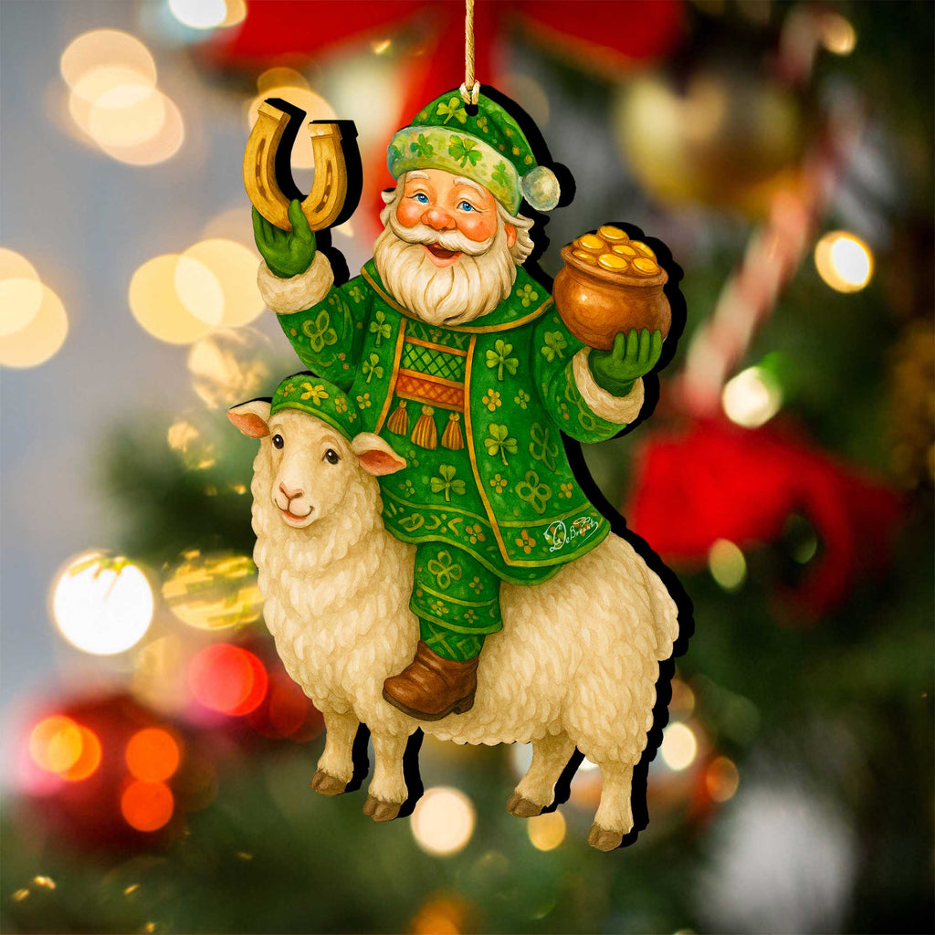 Wooden Irish Santa Ornament – Shamrock Santa on Sheep with Pot of Gold by G. DeBrekht - Christmas Santa Snowman Decor – 8652845