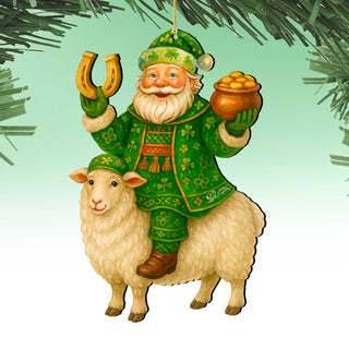 Wooden Irish Santa Ornament – Shamrock Santa on Sheep with Pot of Gold by G. DeBrekht - Christmas Santa Snowman Decor – 8652845