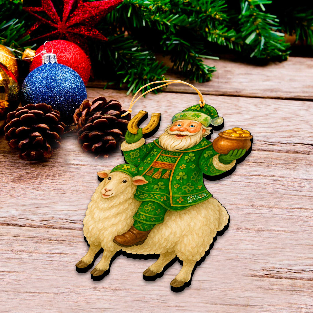 Wooden Irish Santa Ornament – Shamrock Santa on Sheep with Pot of Gold by G. DeBrekht - Christmas Santa Snowman Decor – 8652845