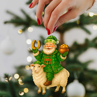 Wooden Irish Santa Ornament – Shamrock Santa on Sheep with Pot of Gold by G. DeBrekht - Christmas Santa Snowman Decor – 8652845