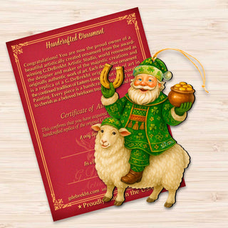 Wooden Irish Santa Ornament – Shamrock Santa on Sheep with Pot of Gold by G. DeBrekht - Christmas Santa Snowman Decor – 8652845