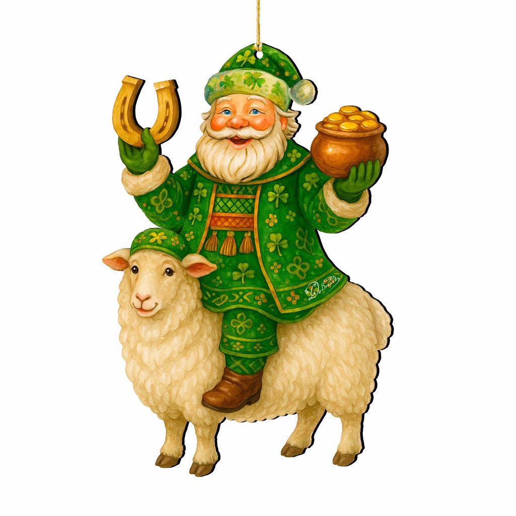 Wooden Irish Santa Ornament – Shamrock Santa on Sheep with Pot of Gold by G. DeBrekht - Christmas Santa Snowman Decor – 8652845
