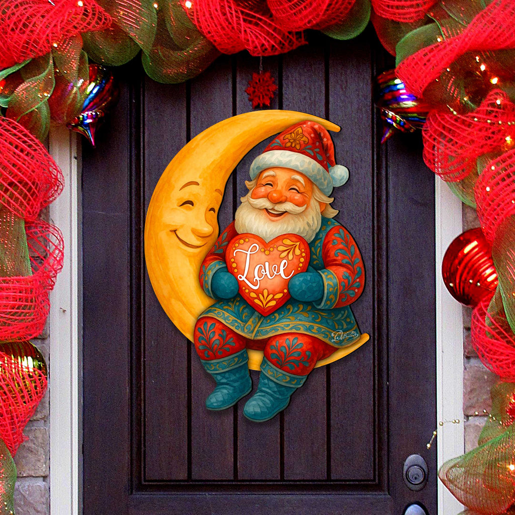 Santa on the Moon Love Christmas Door Hanger – Handcrafted Holiday Door Décor by G. Debrekht – 8652844H