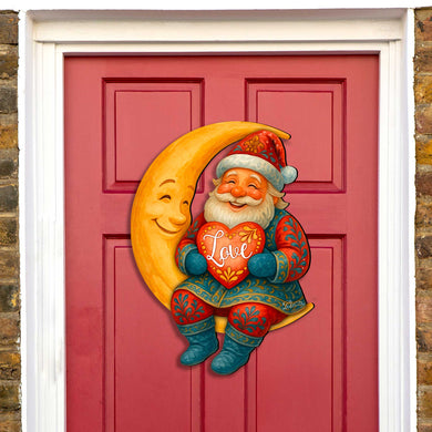 Santa on the Moon Love Christmas Door Hanger – Handcrafted Holiday Door Décor by G. Debrekht – 8652844H