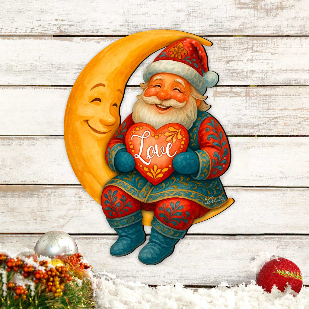 Santa on the Moon Love Christmas Door Hanger – Handcrafted Holiday Door Décor by G. Debrekht – 8652844H