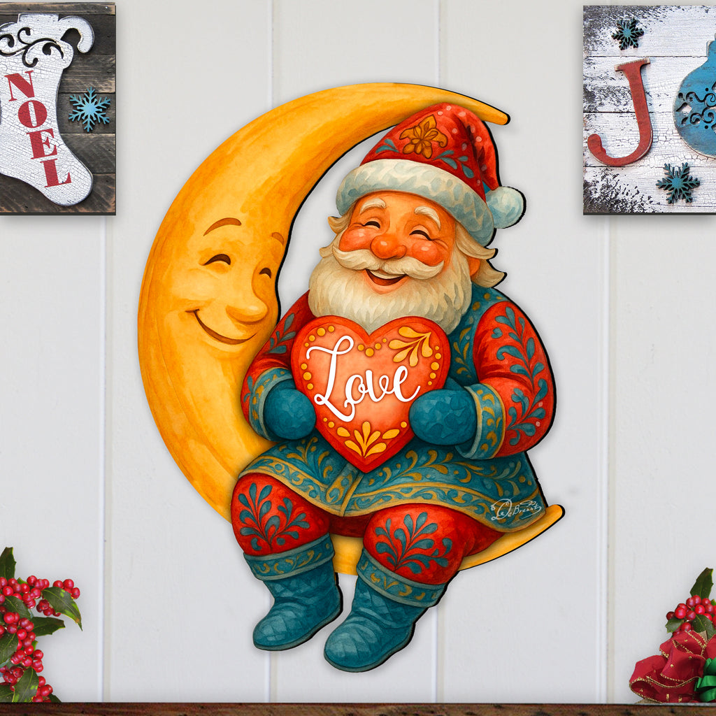 Santa on the Moon Love Christmas Door Hanger – Handcrafted Holiday Door Décor by G. Debrekht – 8652844H