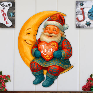 Santa on the Moon Love Christmas Door Hanger – Handcrafted Holiday Door Décor by G. Debrekht – 8652844H