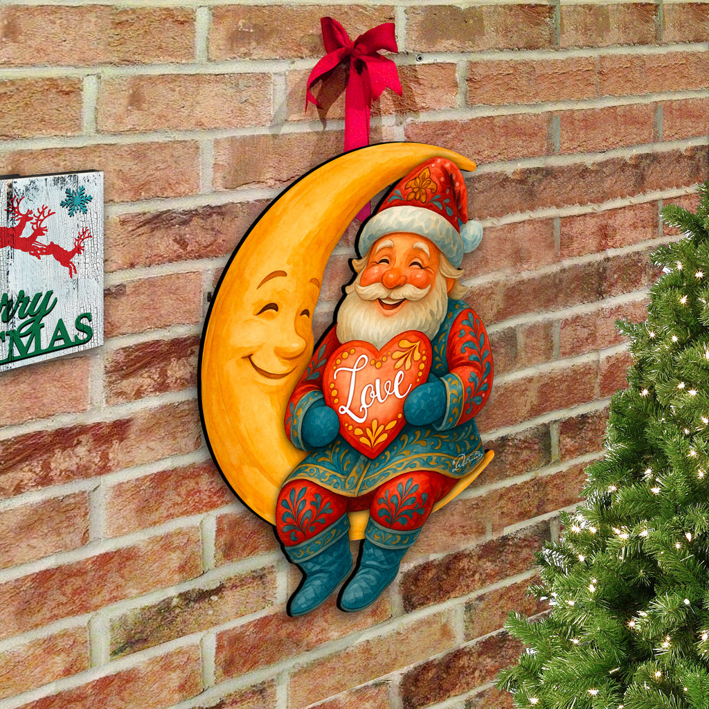 Santa on the Moon Love Christmas Door Hanger – Handcrafted Holiday Door Décor by G. Debrekht – 8652844H