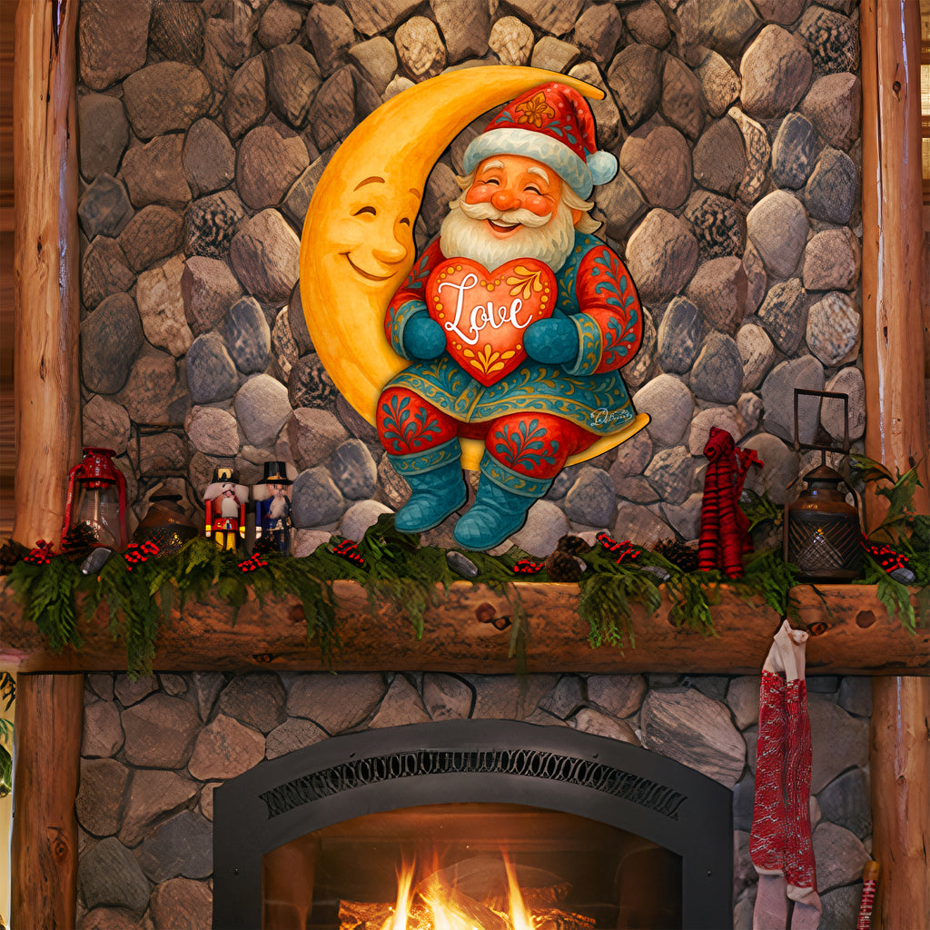 Santa on the Moon Love Christmas Door Hanger – Handcrafted Holiday Door Décor by G. Debrekht – 8652844H