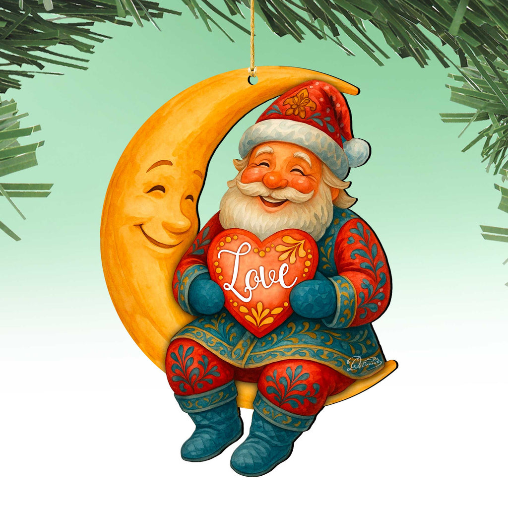 Santa with Love Heart Wooden Ornament – Santa on Crescent Moon Handcrafted Christmas Tree Decor by G. DeBrekht - Christmas Santa Snowman Decor - 8652844