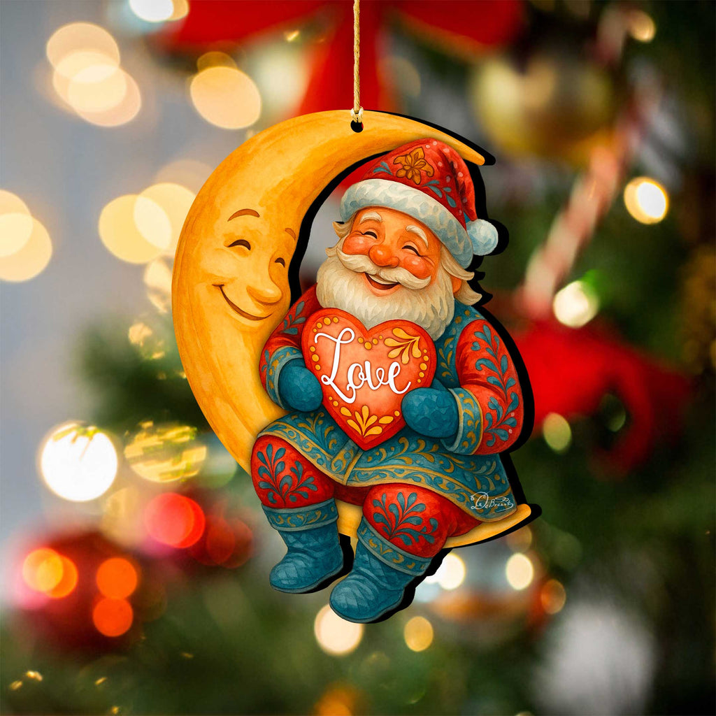 Santa with Love Heart Wooden Ornament – Santa on Crescent Moon Handcrafted Christmas Tree Decor by G. DeBrekht - Christmas Santa Snowman Decor - 8652844