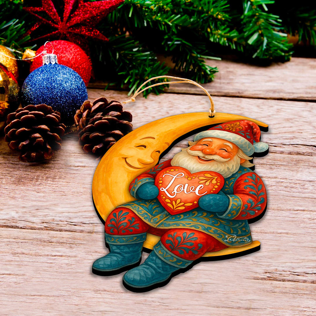 Santa with Love Heart Wooden Ornament – Santa on Crescent Moon Handcrafted Christmas Tree Decor by G. DeBrekht - Christmas Santa Snowman Decor - 8652844