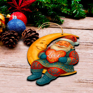 Santa with Love Heart Wooden Ornament – Santa on Crescent Moon Handcrafted Christmas Tree Decor by G. DeBrekht - Christmas Santa Snowman Decor - 8652844
