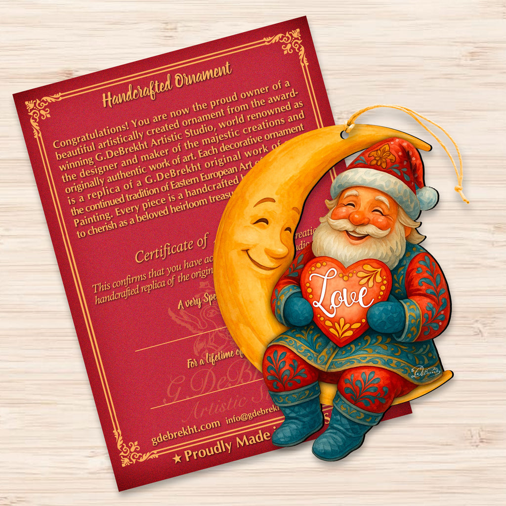 Santa with Love Heart Wooden Ornament – Santa on Crescent Moon Handcrafted Christmas Tree Decor by G. DeBrekht - Christmas Santa Snowman Decor - 8652844