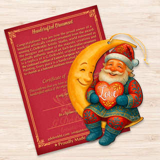 Santa with Love Heart Wooden Ornament – Santa on Crescent Moon Handcrafted Christmas Tree Decor by G. DeBrekht - Christmas Santa Snowman Decor - 8652844