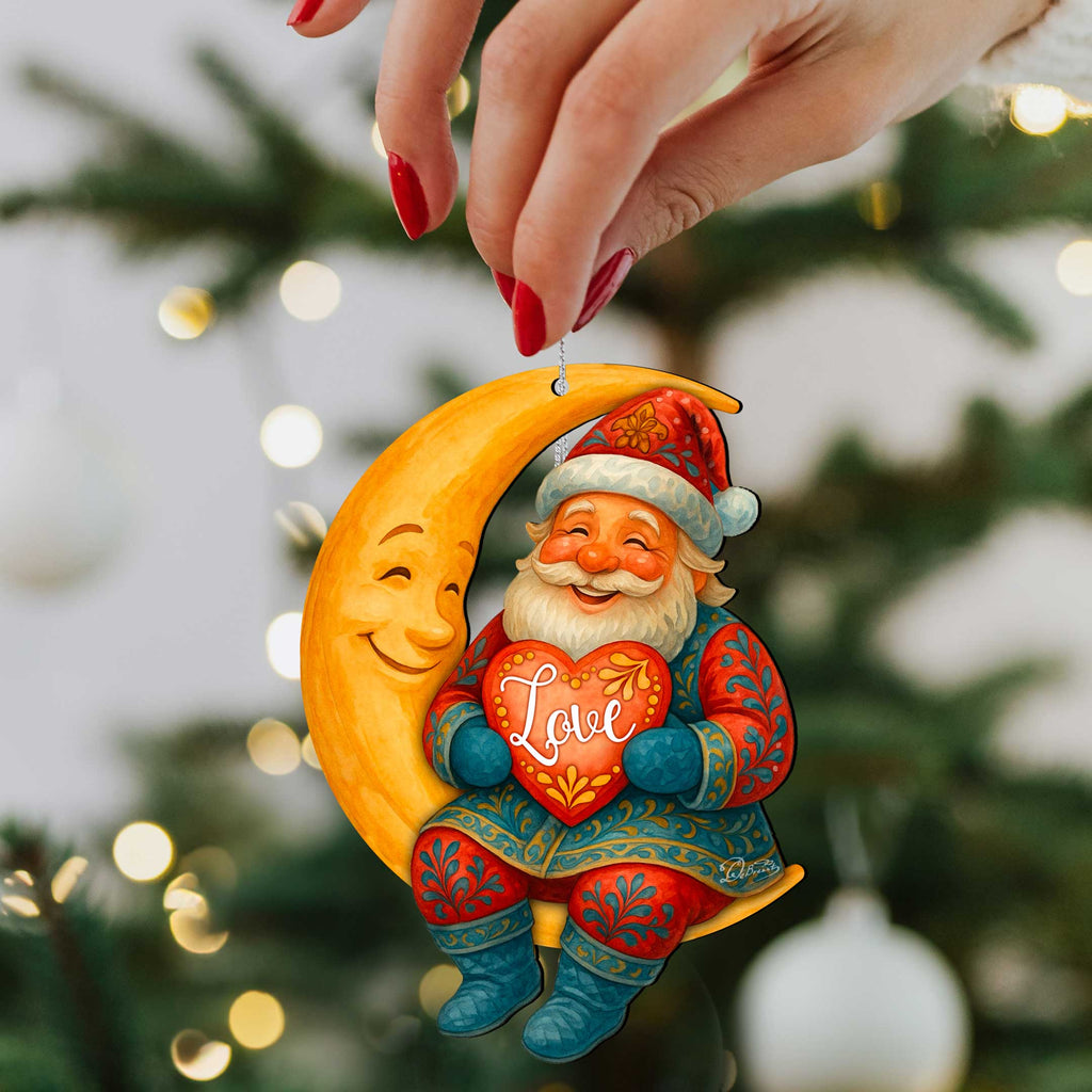 Santa with Love Heart Wooden Ornament – Santa on Crescent Moon Handcrafted Christmas Tree Decor by G. DeBrekht - Christmas Santa Snowman Decor - 8652844