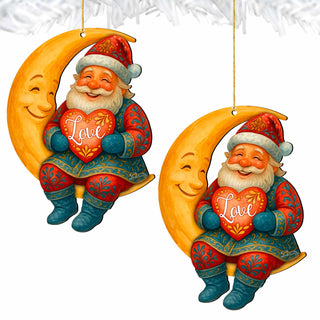 Santa with Love Heart Wooden Ornament – Santa on Crescent Moon Handcrafted Christmas Tree Decor by G. DeBrekht - Christmas Santa Snowman Decor - 8652844