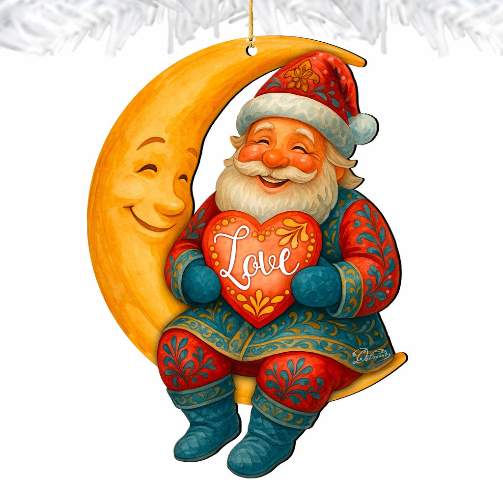 Santa with Love Heart Wooden Ornament – Santa on Crescent Moon Handcrafted Christmas Tree Decor by G. DeBrekht - Christmas Santa Snowman Decor - 8652844