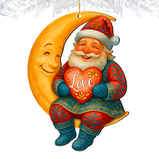 Santa with Love Heart Wooden Ornament – Santa on Crescent Moon Handcrafted Christmas Tree Decor by G. DeBrekht - Christmas Santa Snowman Decor - 8652844