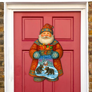 Handcrafted Wooden Santa Door Hanger with Gifts & Bears – Rustic Christmas Holiday Decoration for Front Door by G. DeBrekht - Christmas Santa Snowman Décor – 8652845H