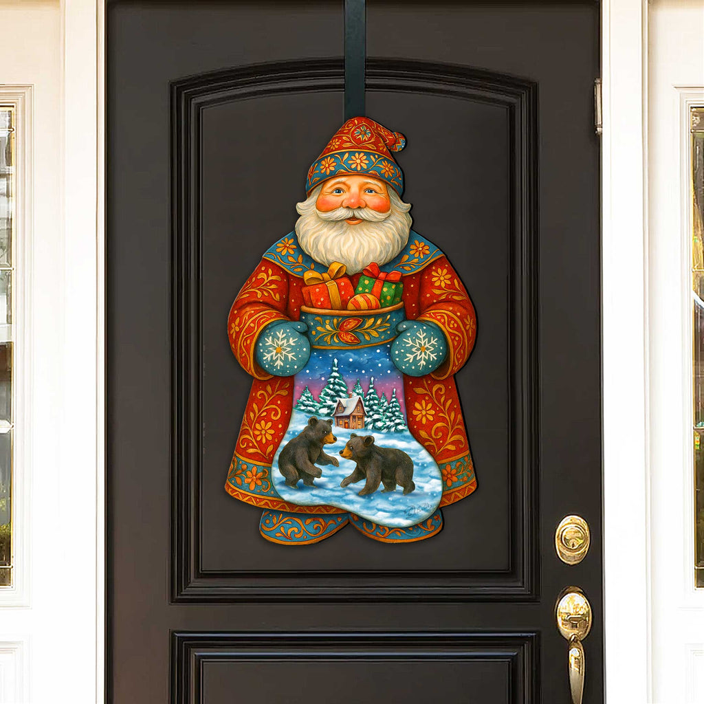 Handcrafted Wooden Santa Door Hanger with Gifts & Bears – Rustic Christmas Holiday Decoration for Front Door by G. DeBrekht - Christmas Santa Snowman Décor – 8652845H