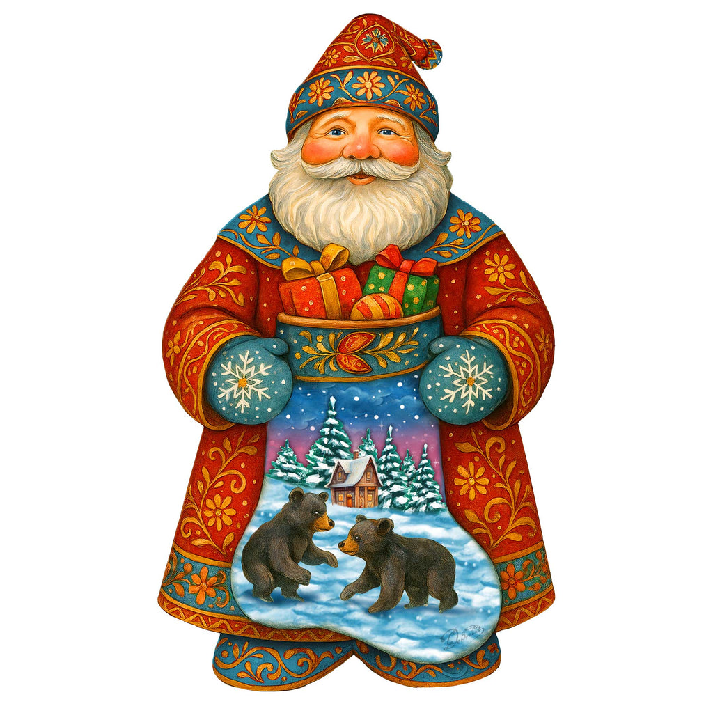 Handcrafted Wooden Santa Door Hanger with Gifts & Bears – Rustic Christmas Holiday Decoration for Front Door by G. DeBrekht - Christmas Santa Snowman Décor – 8652845H