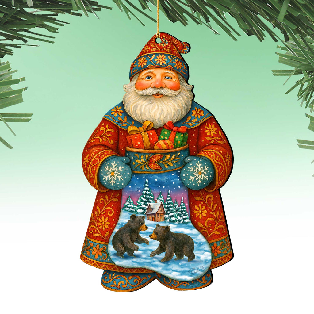 Santa Wooden Ornament with Winter Bears – Handcrafted Christmas Tree Decoration by G. DeBrekht - Christmas Santa Snowman Decor – 8652845