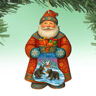 Santa Wooden Ornament with Winter Bears – Handcrafted Christmas Tree Decoration by G. DeBrekht - Christmas Santa Snowman Decor – 8652845