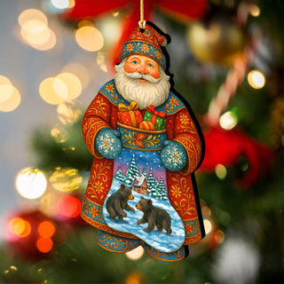 Santa Wooden Ornament with Winter Bears – Handcrafted Christmas Tree Decoration by G. DeBrekht - Christmas Santa Snowman Decor – 8652845
