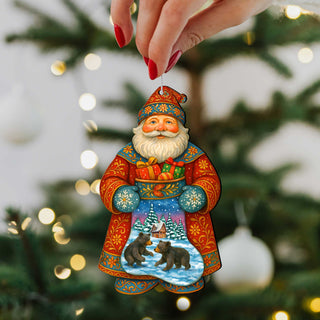 Santa Wooden Ornament with Winter Bears – Handcrafted Christmas Tree Decoration by G. DeBrekht - Christmas Santa Snowman Decor – 8652845
