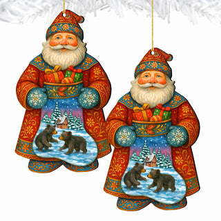 Santa Wooden Ornament with Winter Bears – Handcrafted Christmas Tree Decoration by G. DeBrekht - Christmas Santa Snowman Decor – 8652845