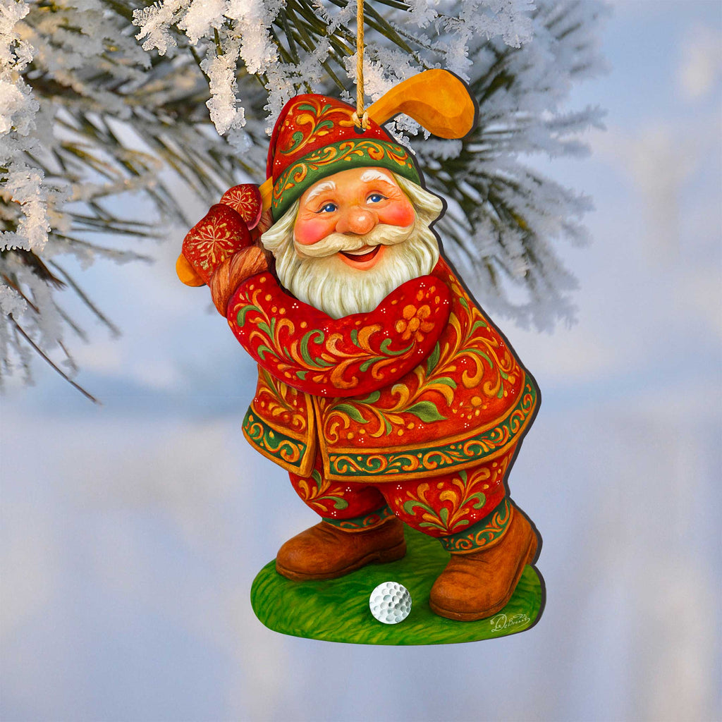 Golfer Santa Wooden Ornament – Handcrafted Christmas Tree Decor by G. DeBrekht - Christmas Santa Snowman Decor - 8652846