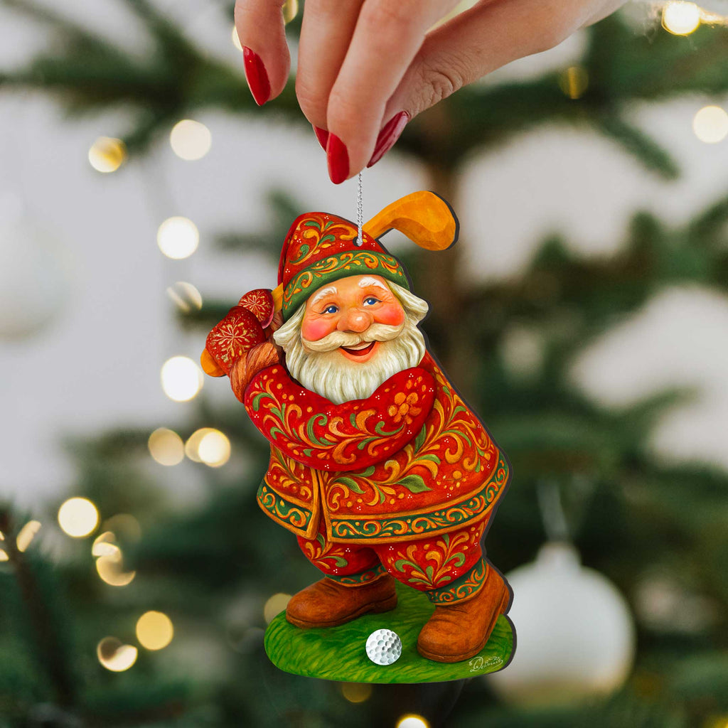 Golfer Santa Wooden Ornament – Handcrafted Christmas Tree Decor by G. DeBrekht - Christmas Santa Snowman Decor - 8652846