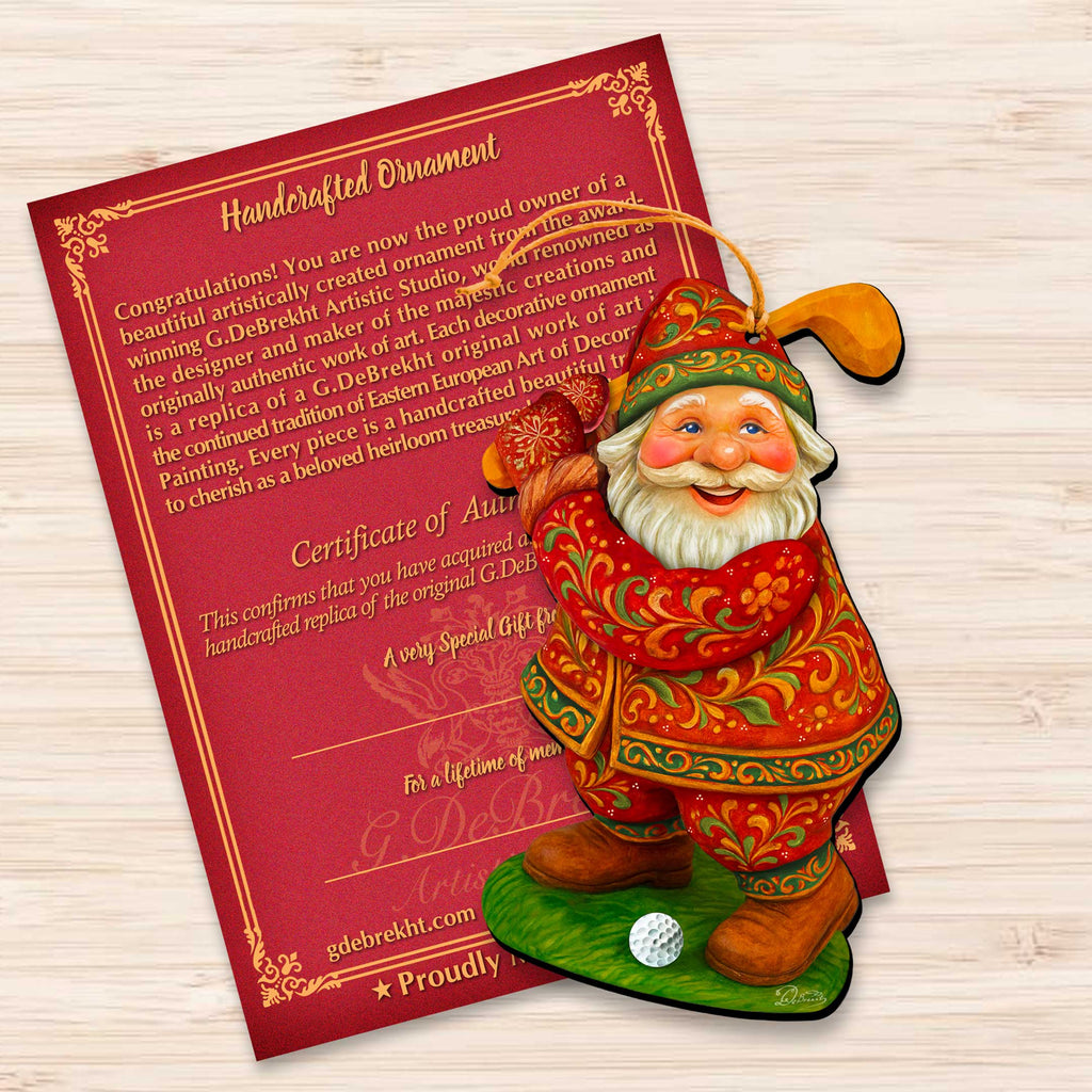 Golfer Santa Wooden Ornament – Handcrafted Christmas Tree Decor by G. DeBrekht - Christmas Santa Snowman Decor - 8652846