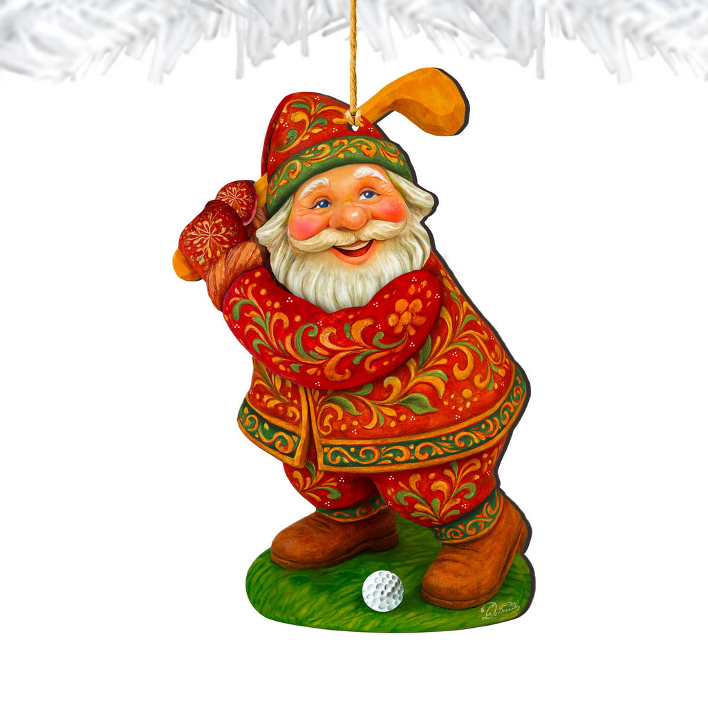 Golfer Santa Wooden Ornament – Handcrafted Christmas Tree Decor by G. DeBrekht - Christmas Santa Snowman Decor - 8652846