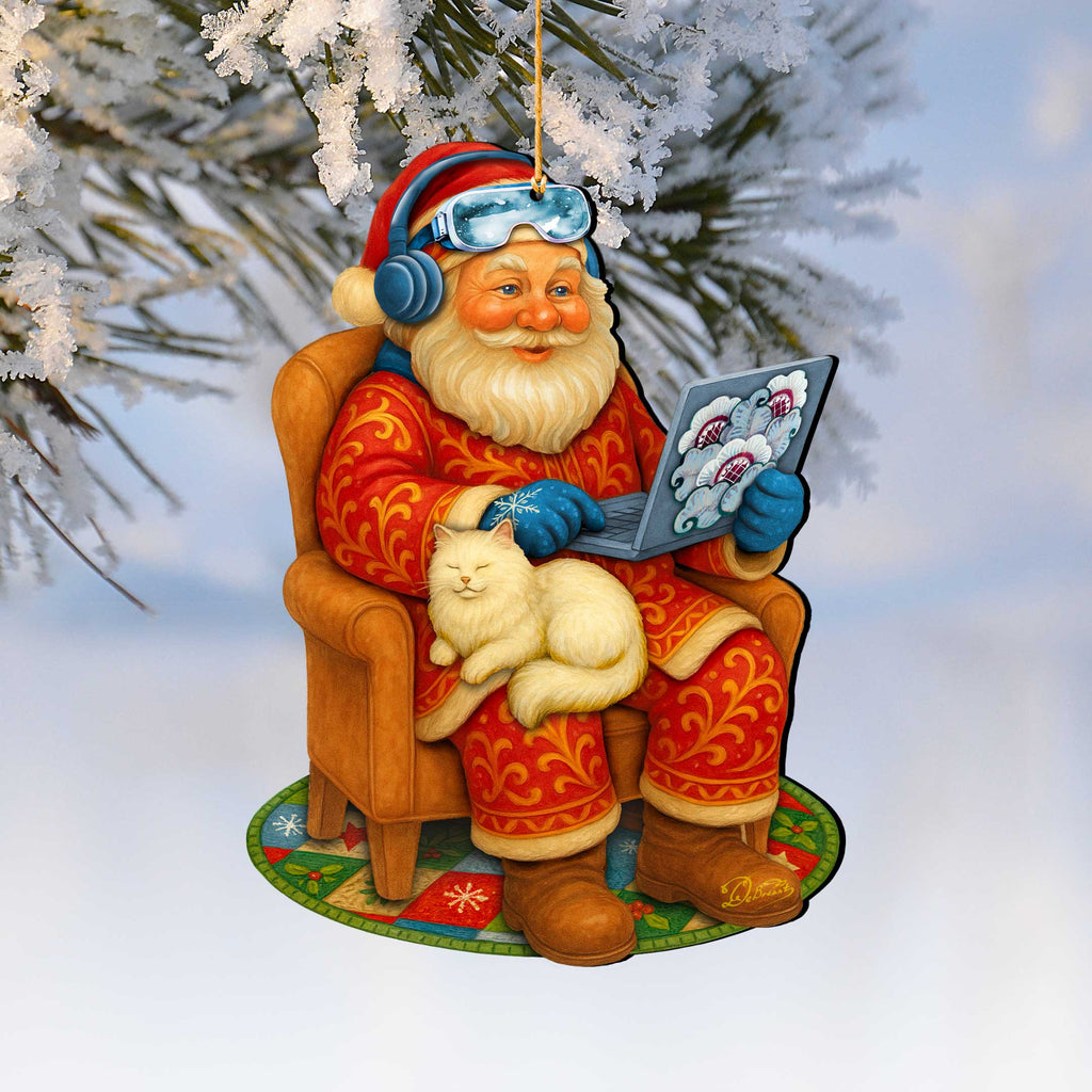 Santa with Laptop Wooden Ornament – Handcrafted Christmas Tree Decor by G. DeBrekht - Christmas Santa Snowman Decor - 8652848