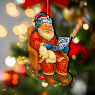 Santa with Laptop Wooden Ornament – Handcrafted Christmas Tree Decor by G. DeBrekht - Christmas Santa Snowman Decor - 8652848