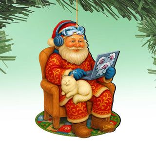 Santa with Laptop Wooden Ornament – Handcrafted Christmas Tree Decor by G. DeBrekht - Christmas Santa Snowman Decor - 8652848