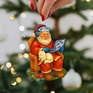 Santa with Laptop Wooden Ornament – Handcrafted Christmas Tree Decor by G. DeBrekht - Christmas Santa Snowman Decor - 8652848