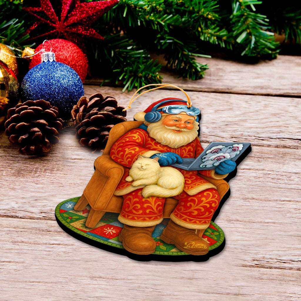 Santa with Laptop Wooden Ornament – Handcrafted Christmas Tree Decor by G. DeBrekht - Christmas Santa Snowman Decor - 8652848