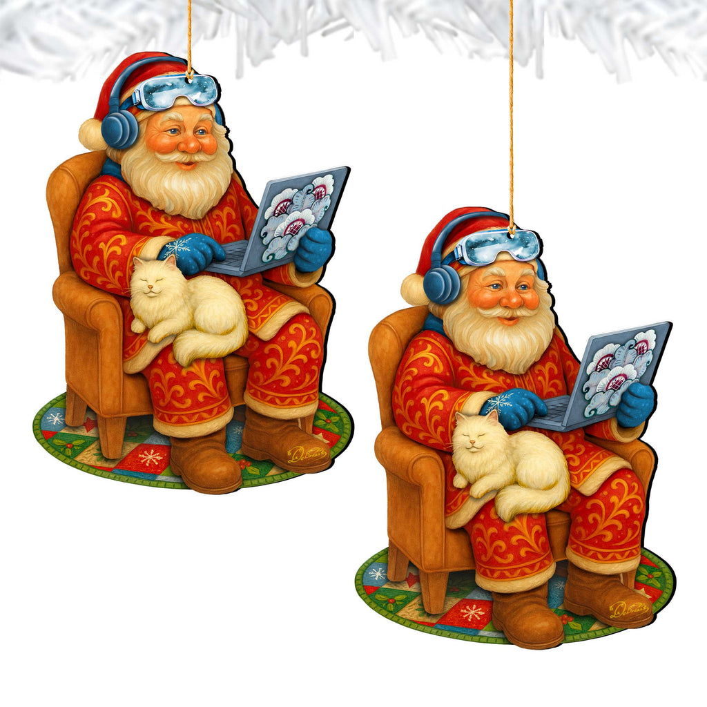 Santa with Laptop Wooden Ornament – Handcrafted Christmas Tree Decor by G. DeBrekht - Christmas Santa Snowman Decor - 8652848