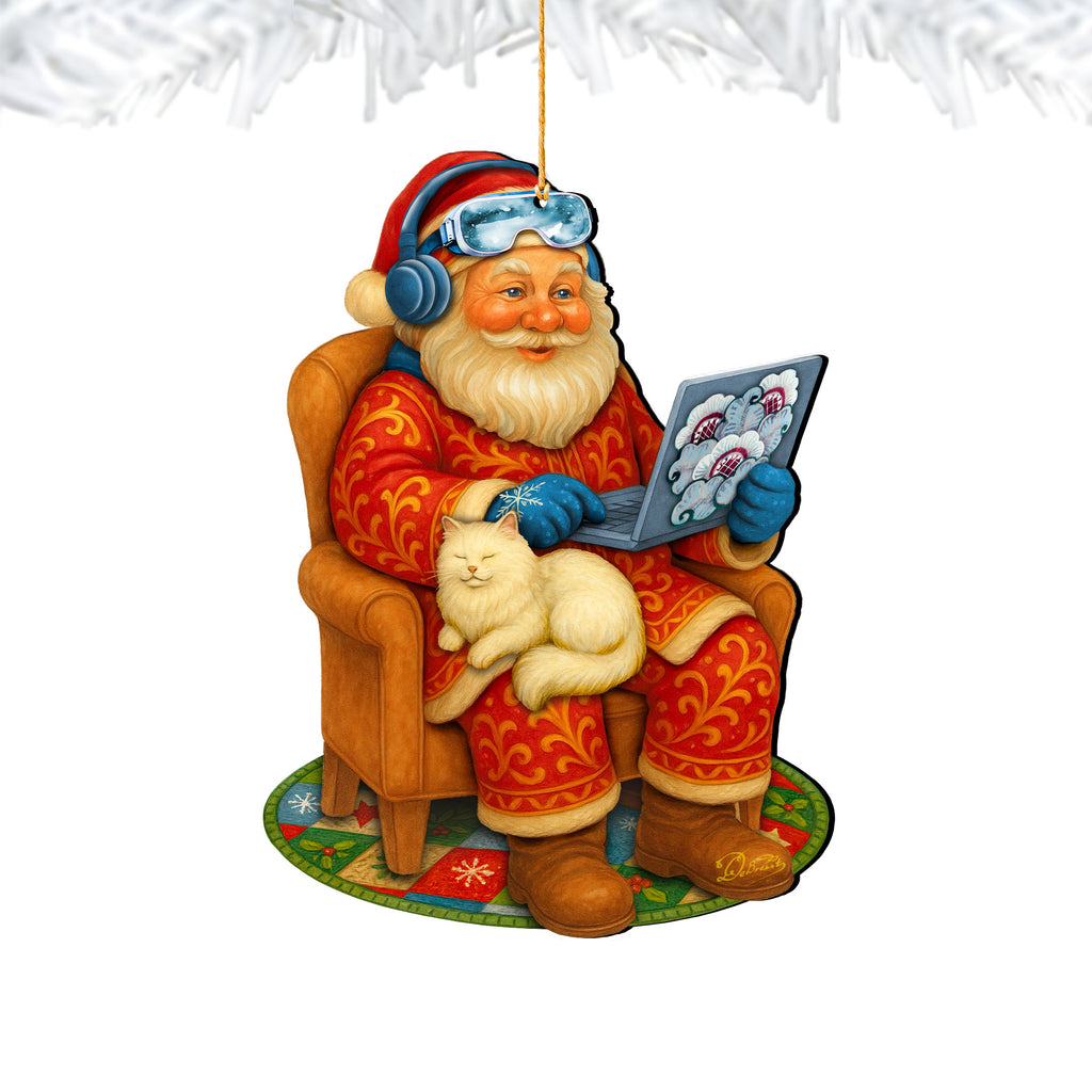 Santa with Laptop Wooden Ornament – Handcrafted Christmas Tree Decor by G. DeBrekht - Christmas Santa Snowman Decor - 8652848