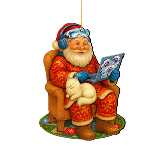 Santa with Laptop Wooden Ornament – Handcrafted Christmas Tree Decor by G. DeBrekht - Christmas Santa Snowman Decor - 8652848
